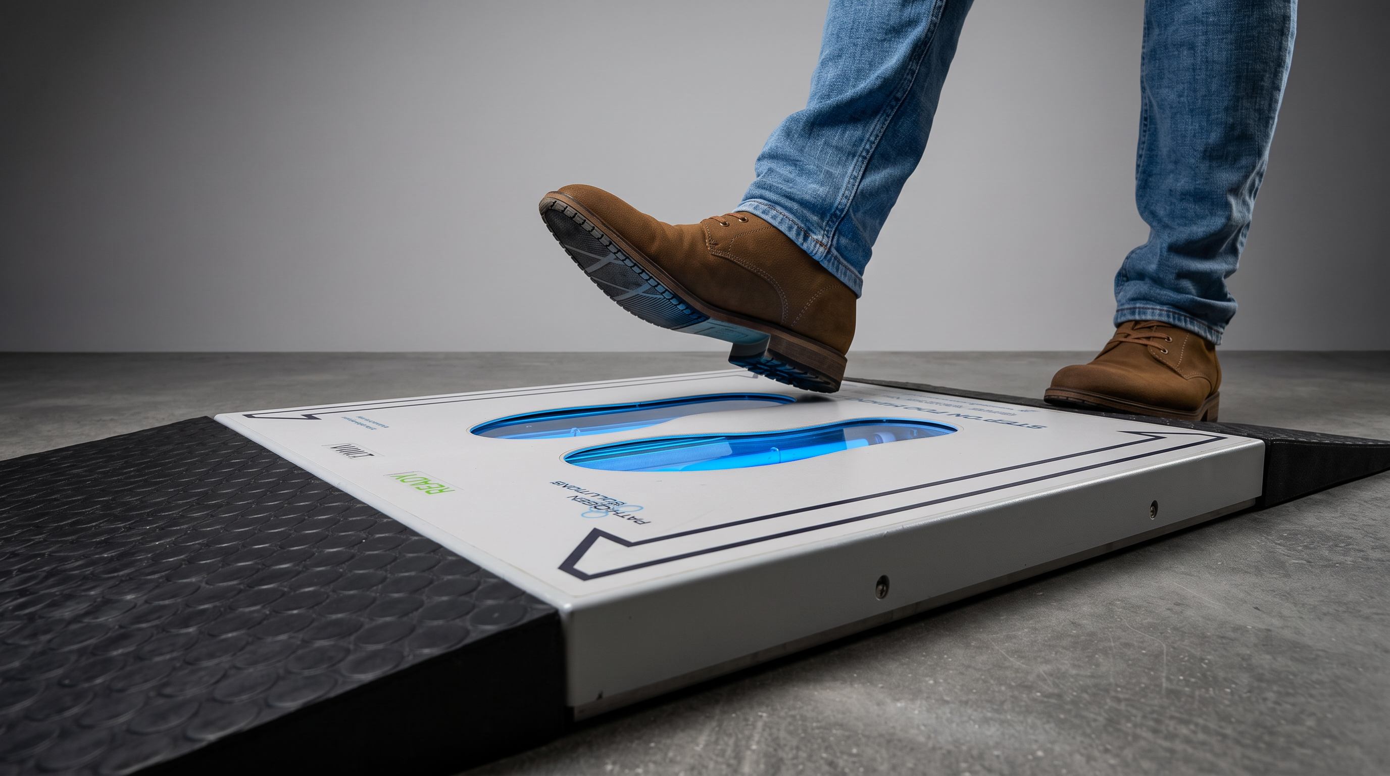 Worker stepping onto the footwear sanitizing station at a facility entry