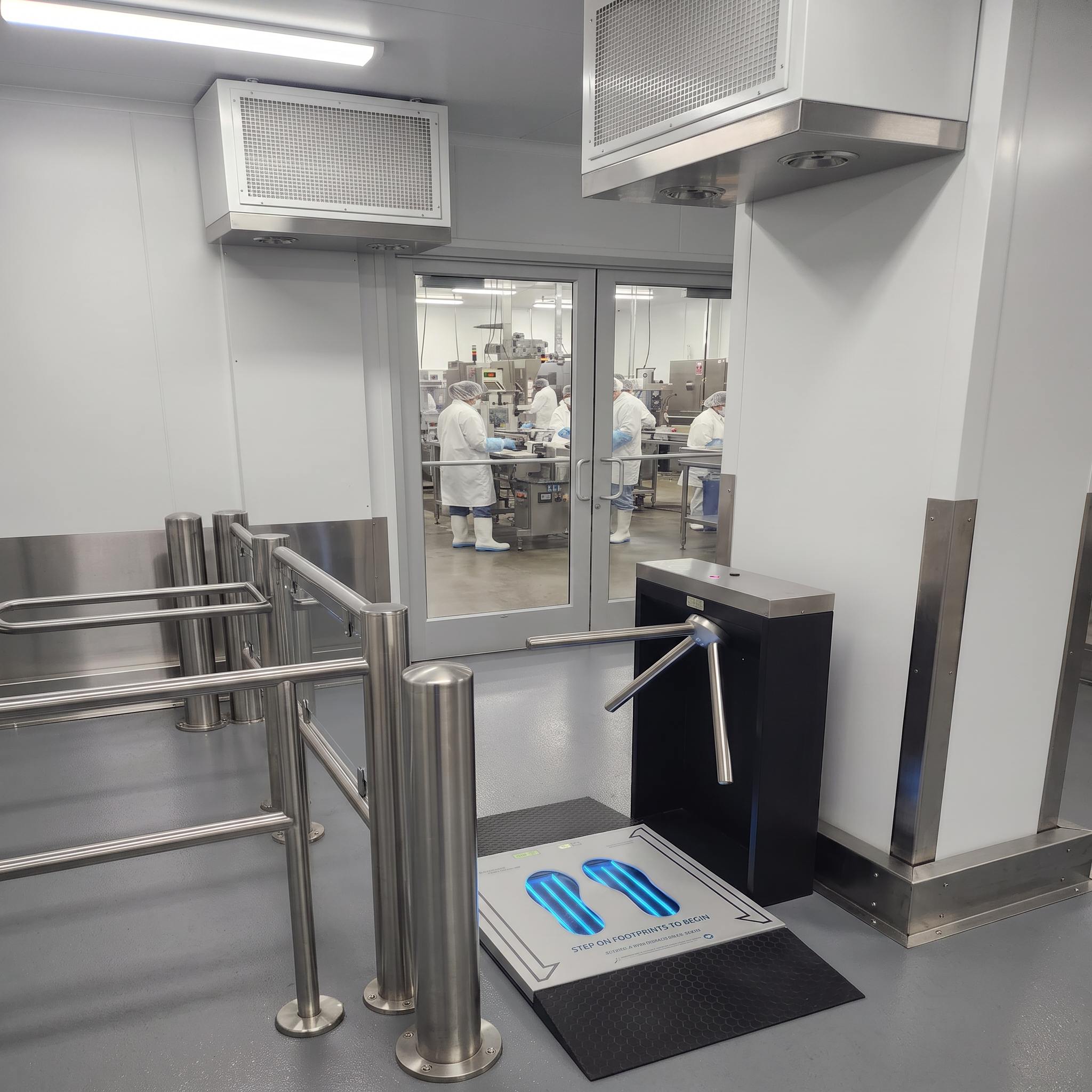 UVZone® footwear sanitizing station installed at a personnel hygiene transition in a controlled facility