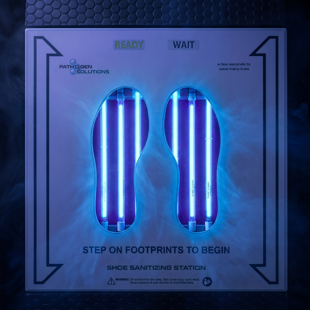 UVZone® footwear sanitizing station showing treatment wells, ready indicator and step-on instructions.