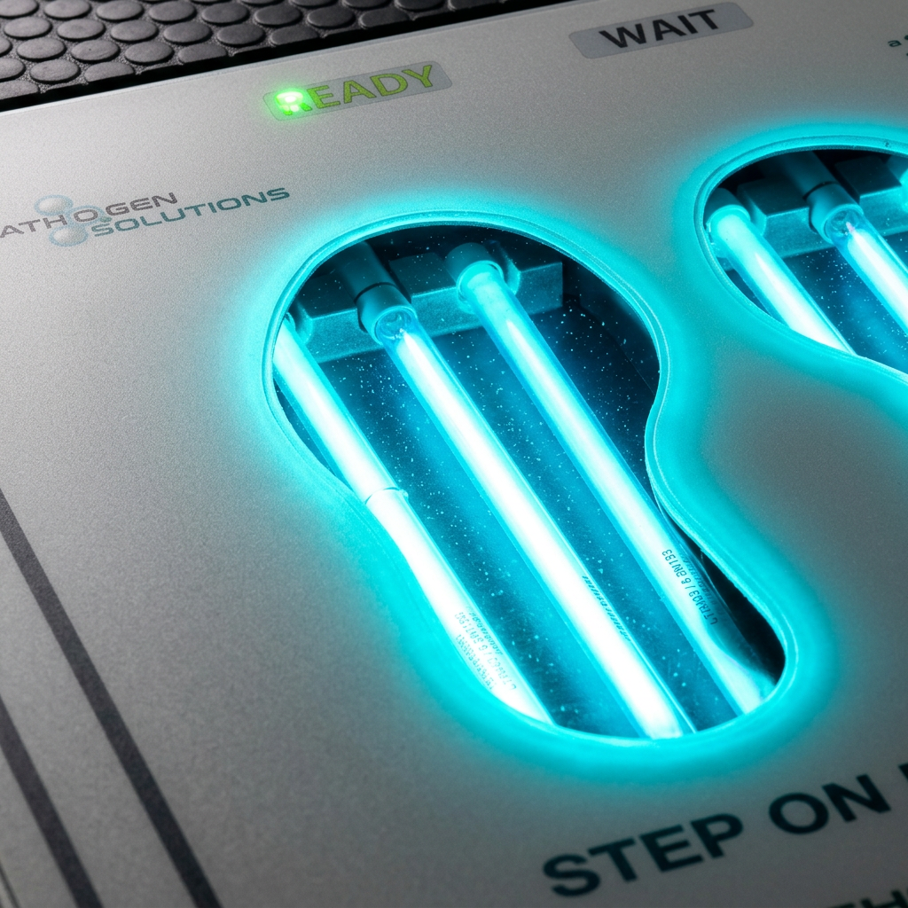 Close-up of UV-C lamps inside the UVZone® footwear sanitizing station during treatment.