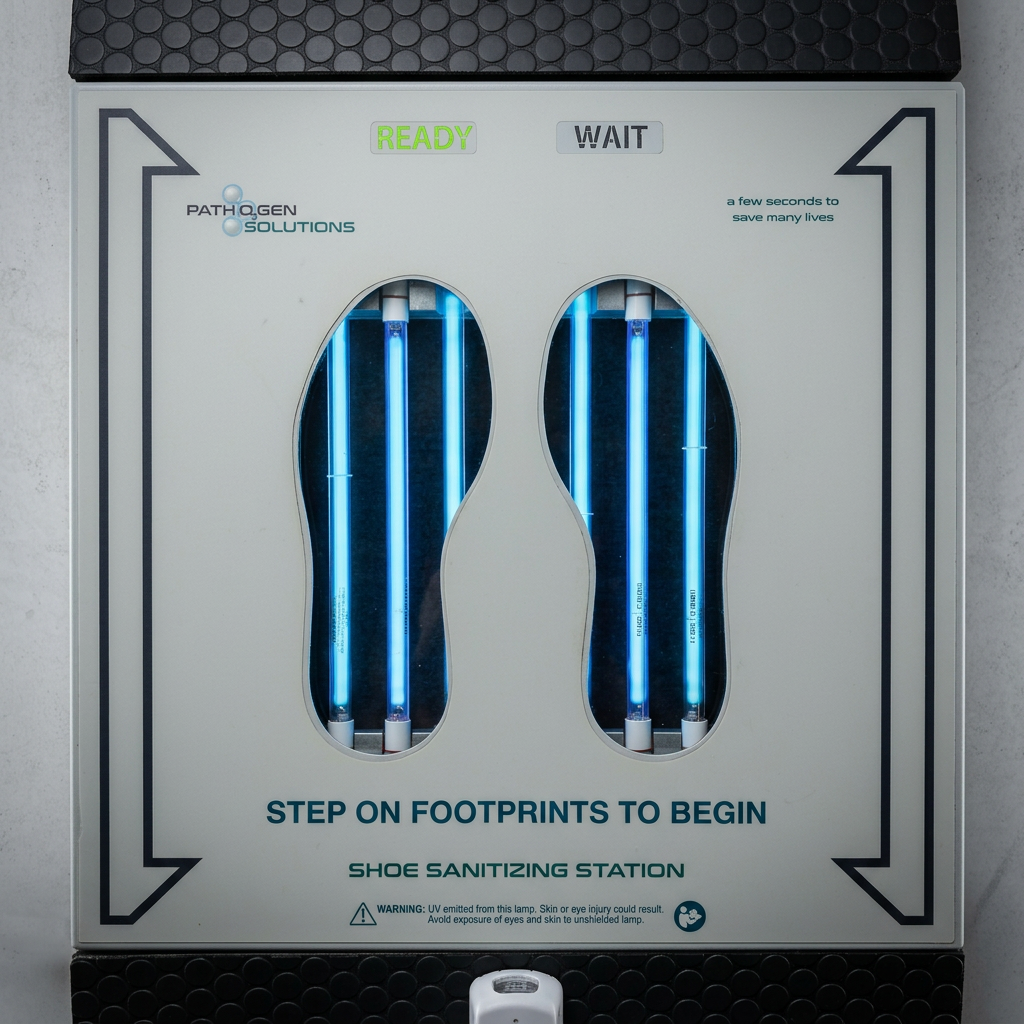 UVZone® footwear sanitizing station showing both shoe positions on the complete floor-mounted unit with work shoes positioned correctly